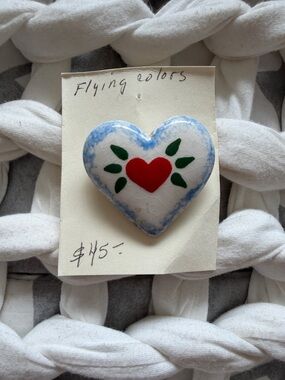 VINTAGE FLYING COLORS Hand-Painted Heart Ceramic Pin — Red, Green & Blue